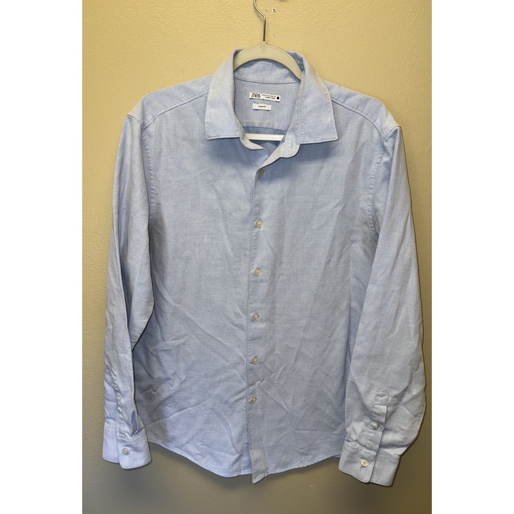 Zara Slim Fit Light Blue Cotton Button Up Shirt Preppy Business Office Men XL